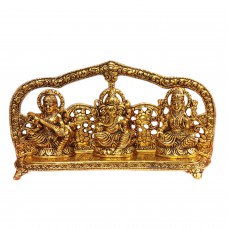 PREMIUM DIWALI GIFT PACK OF GOLD PLATED LAXMI GANESH SARASWATI HANDCRAFTED METAL IDOL/STATUE AND GOLD PLATED SHUBH LABH WALL/DOOR HANGING WITH PRESENTABLE RED VELVET WOODEN BOX
